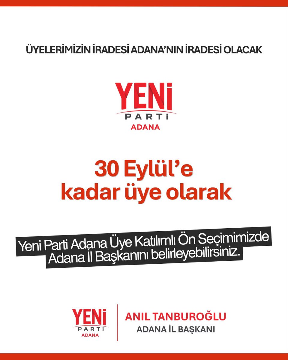 aniltanburoglu's tweet photo. Üyelerimizin iradesi, Adana’nın iradesi olacak.

30 Eylül’e kadar üye olarak Adana İl Başkanını belirleyebilirsiniz. https://t.co/qHgxo0nXur