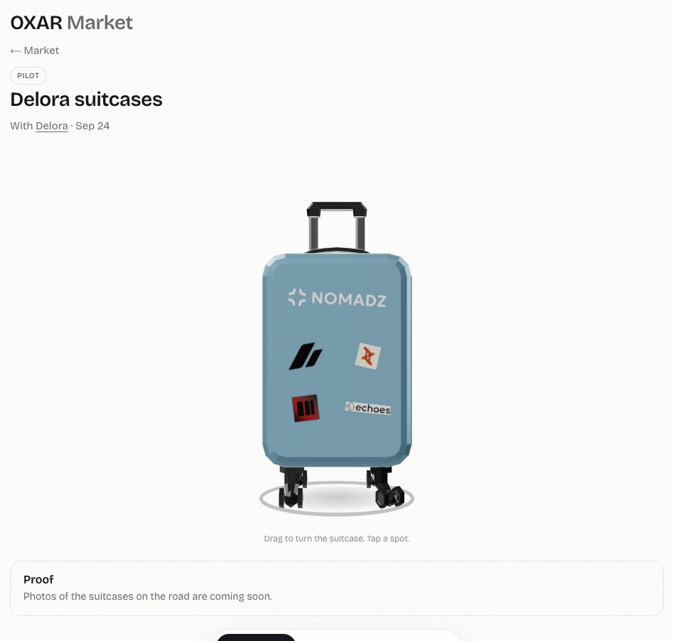 oxar_app's tweet photo. RWA: REAL WORLD ADS.
Our suitcase with @deloraprotocol will be at Singapore🌏

Something huge will be soon 👀

Special thanks to project below:
1. @NOMADZxyz 
2. @deloraprotocol 
3. @oxar_app 
4. @solweartech 
5. @echoes_fans https://t.co/gegcTyVuU6