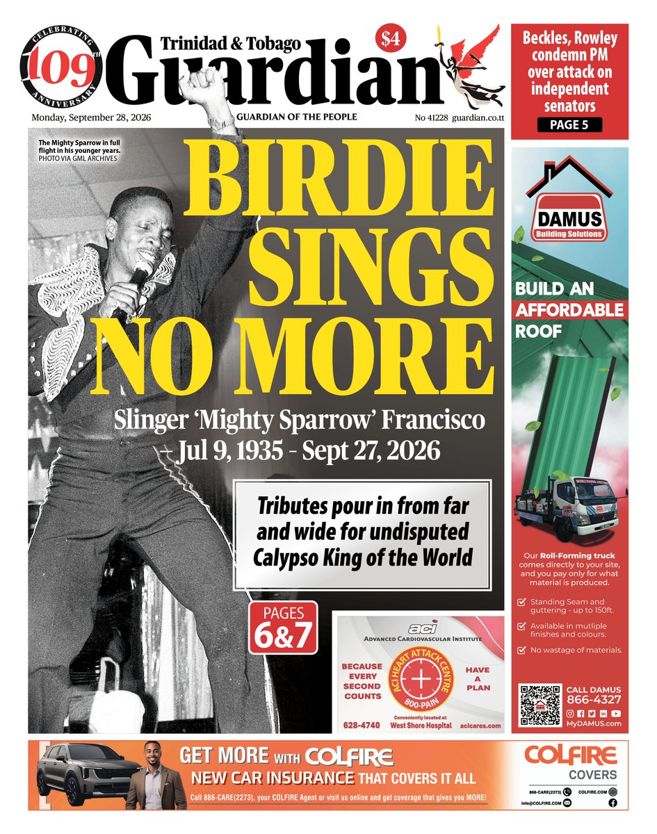 GuardianTT's tweet photo. Today's Guardian Newspaper
September 28 2026 https://t.co/99lEMPMJ98
