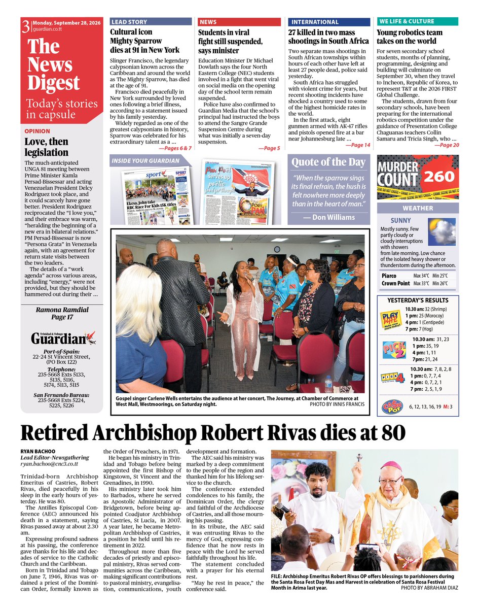 GuardianTT's tweet photo. Today's Guardian Newspaper
September 28 2026 https://t.co/99lEMPMJ98