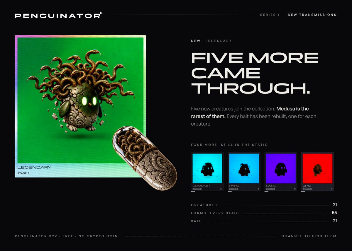 dima_cryptoart's tweet photo. Five more came through.
Five new creatures join the collection. 
21 creatures. 55 forms to grow into. Every bait rebuilt, one for each creature. https://t.co/rD4LiY2sAD