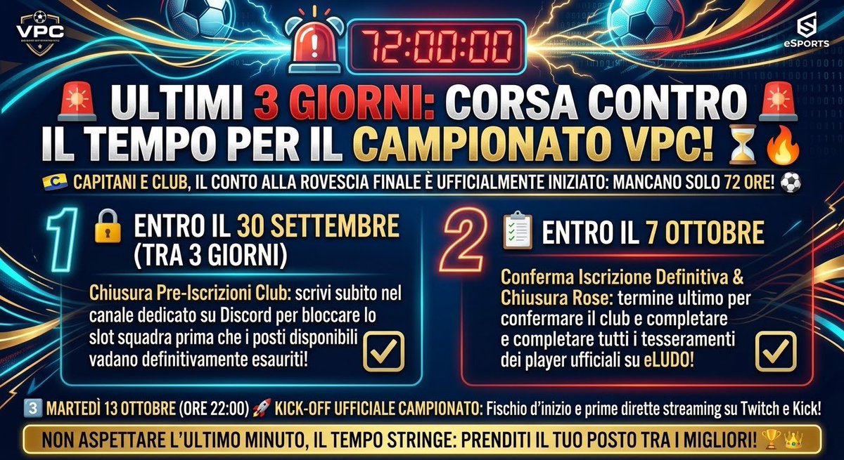 vpcleagueit's tweet photo. Virtual Pro Club ๐ฅ๐
Ultime ore per Pre iscrivere il club al nuovo Campionato VPC โฝ๏ธ
#easports #fc27 #proclubs #proclubsitalia #esports #egame #gameforgame https://t.co/0A10Rq3B3s