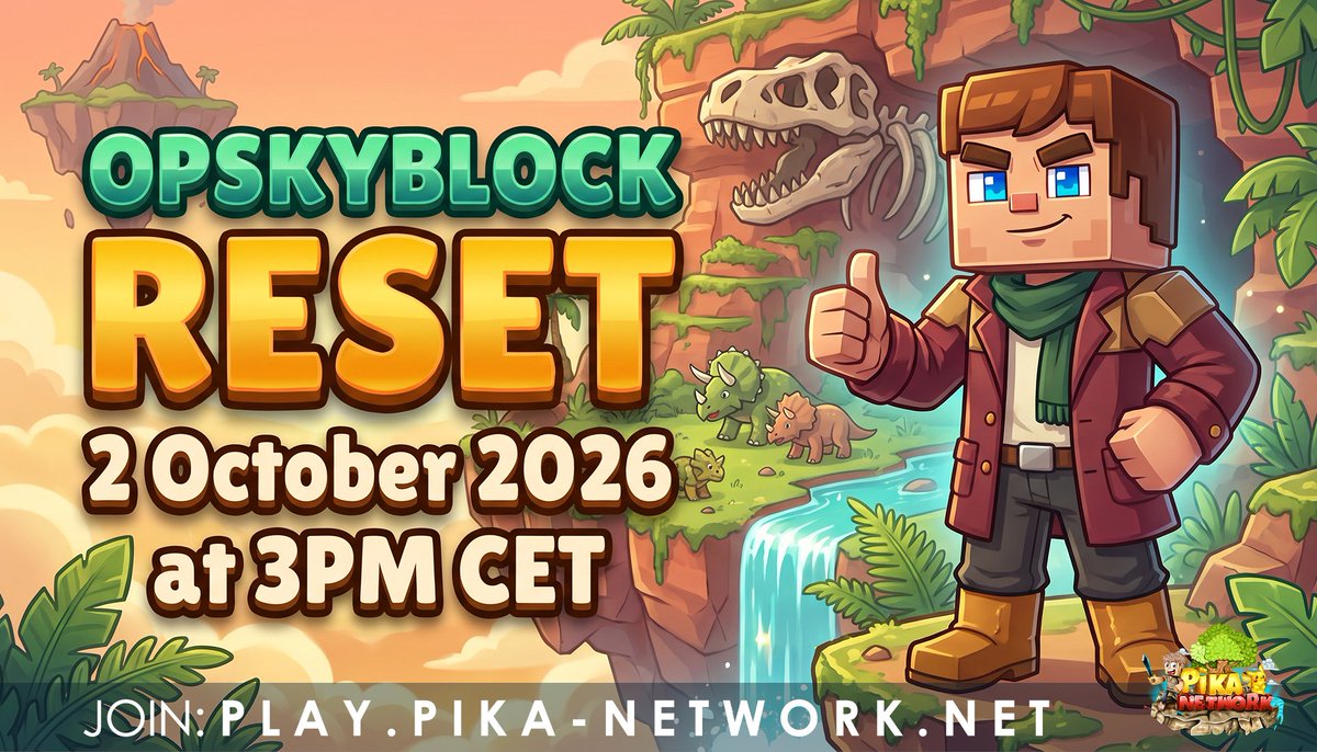 PikaNetworkMC's tweet photo. OpSkyblock reset - Friday 2 October 2026 at 3PM CET!

To celebrate, we are running a giveaway for:
  ▪️1x €50 Store Giftcard

Follow us, Retweet, and Like to enter.
Good luck!

📚https://t.co/4Sj4wxoiXe https://t.co/adLDwW101y