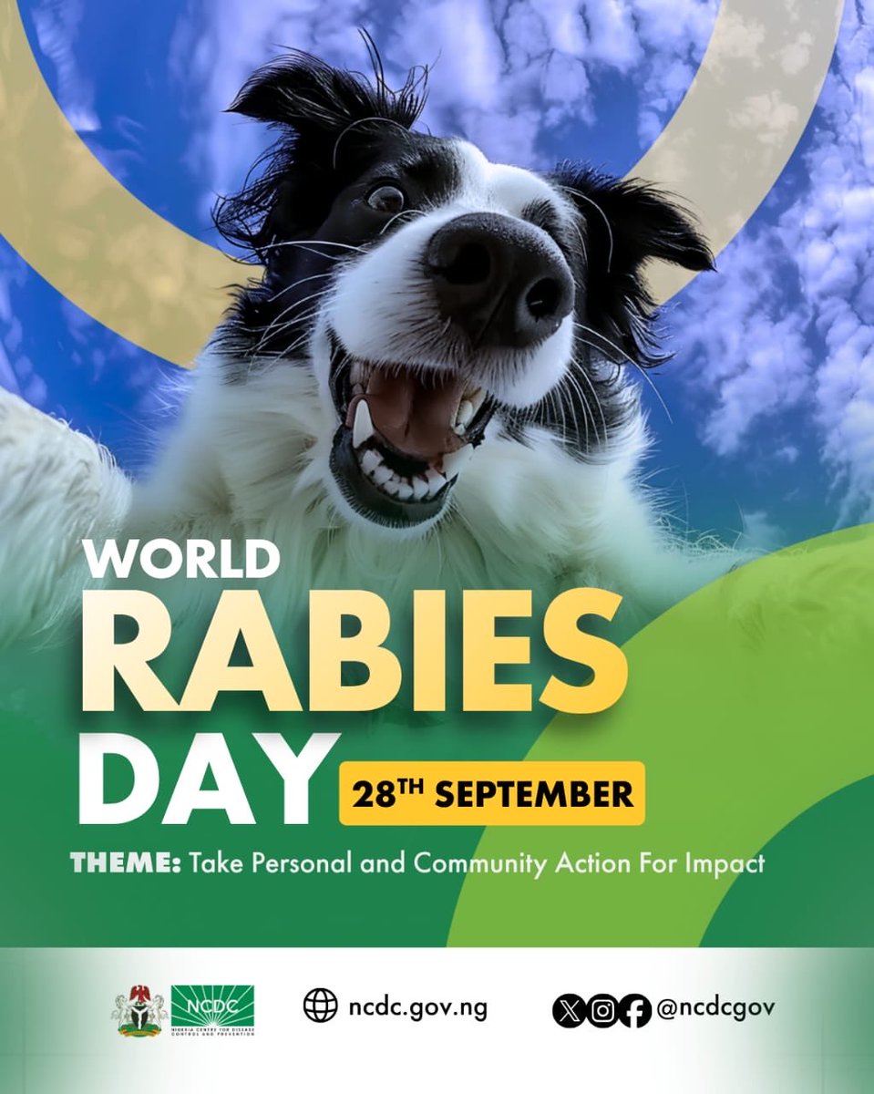 NCDCgov's tweet photo. Rabies is a viral disease transmitted through the saliva of infected animals, usually through bites or scratches. Once symptoms appear, rabies is almost always fatal.

But rabies is preventable.

✅ Avoid contact with stray or unfamiliar animals
✅ Vaccinate your pets and prevent them from roaming
✅ Report animals showing unusual behaviour to the nearest veterinary clinic

If you are bitten or scratched, wash the wound immediately with soap and clean water and seek medical care without delay.

Together let’s #EndRabies.

#WorldRabiesDay2026 #NigeriaCDC