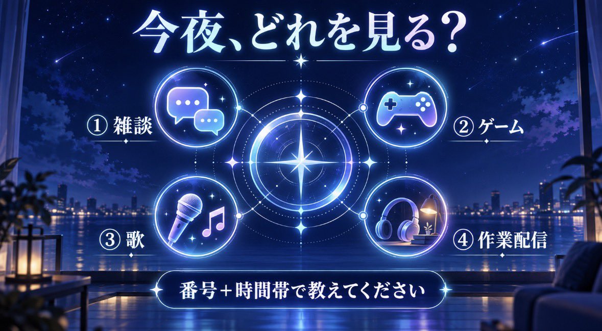 ProjectV_AppJP's tweet photo. 【今夜の配信、どれを見る？】
新しいVTuberを見るなら、
①雑談 ②ゲーム ③歌 ④作業配信

番号＋普段見る時間帯を返信してください。
回答は「時間帯×ジャンル」の探索条件として、次回まとめます。
#ProjectV #VTuber https://t.co/gJm1tZSZ4W