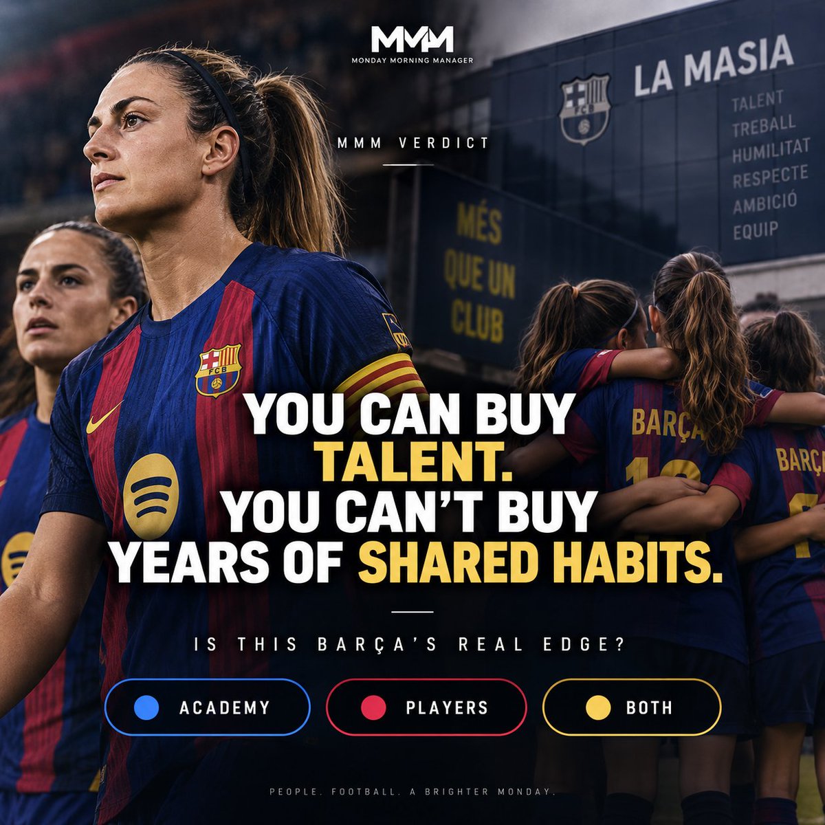 monday_manager's tweet photo. Barça Femení’s edge may be bigger than talent. 🔵🔴

Keep the ball. Create angles. Think ahead.

Those habits start years before the first team.

You can buy talent. You can’t buy years of shared habits.

What matters most: academy, players or both? 👇

#BarcaFemeni #FCBarcelona https://t.co/30vi9URm9M