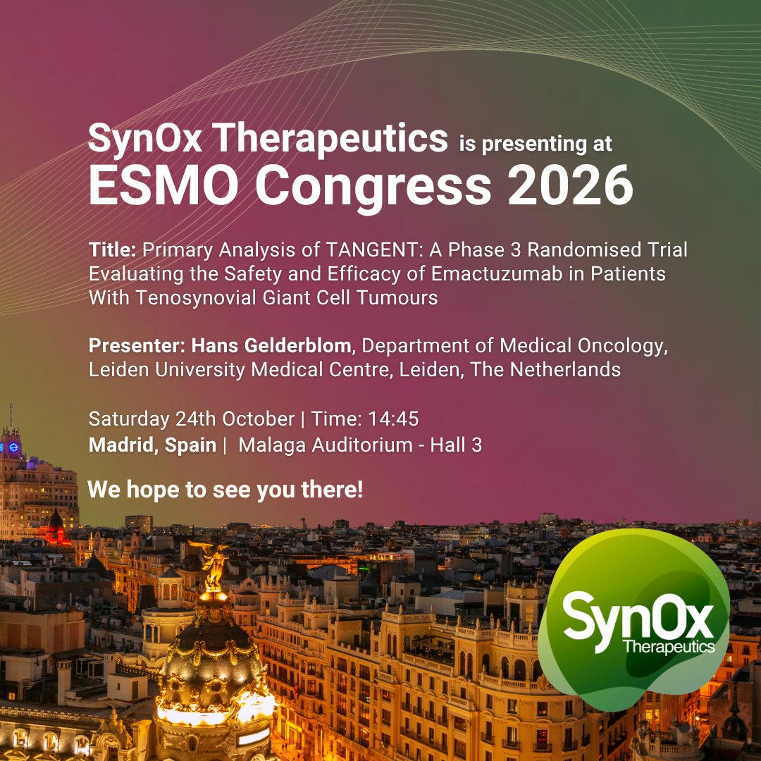 SynOx Therapeutics ESMO 2026 slide: SynOx Therapeutics is presenting at