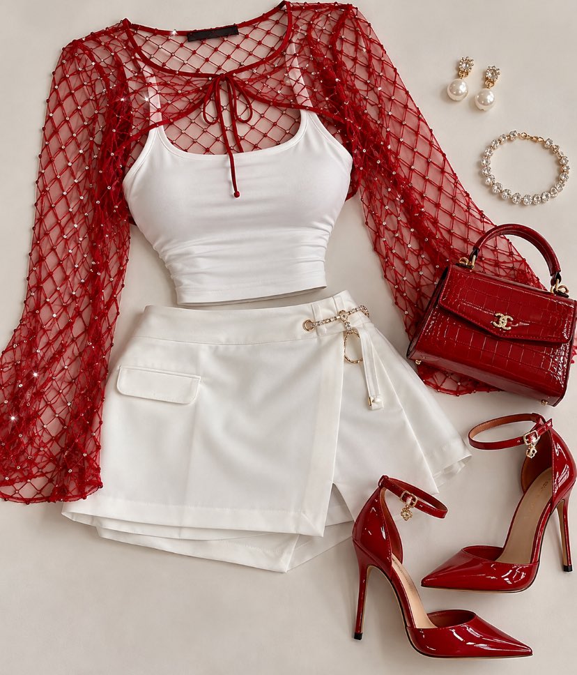 PinkPrivilege5's tweet photo. Red mesh, white basics, patent heels cherry-coded and ready. https://t.co/ztkp7pOXfw