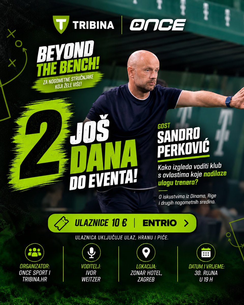 11OnceSport's tweet photo. Još samo dva dana do novog Beyond the Bench! ⚽

Jeste li znali da je jedno vrijeme u FC Noahu Sandro Perković djelovao je bez sportskog direktora, uz ovlasti koje su nadilazile uobičajenu ulogu trenera. Kako je izgledalo takvo iskustvo i što sve donosi takav način rada, otkrit ćemo u razgovoru s Ivorom Weitzerom.

Uz to, razgovarat ćemo i o njegovim iskustvima iz Dinama, Rige i drugih nogometnih sredina.

📍 Hotel Zonar, Zagreb
📅 30. rujna u 19:00

🎟️ Mjesta je sve manje, zato osiguraj svoje na vrijeme! Ulaznice po cijeni od 10 € uključuju ulaz, hranu i piće, a dostupne su na https://t.co/eDzJDHR9Rs 

Vidimo se na Beyond the Bench!

#BeyondtheBench #nogomet #football #hnl