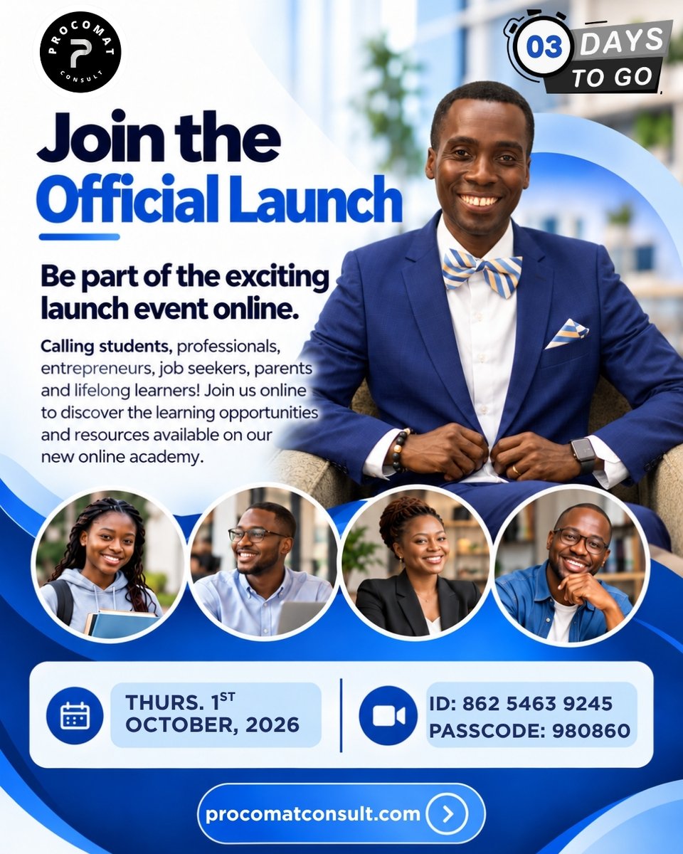 ProcomatConsult's tweet photo. The countdown is almost over! Join us LIVE on Zoom for the official launch of Procomat Academy.

📅 Thu., 1st October 2026
⏰ 5.00pm GMT
💻 Zoom
🎟️ FREE

Launch URL: https://t.co/Pm9xSCFJFu
Meeting ID: 862 5463 9245
Passcode: 980860

#ProcomatAcademy #OfficialLaunch #SaveTheDate https://t.co/CAGrzKOXvI