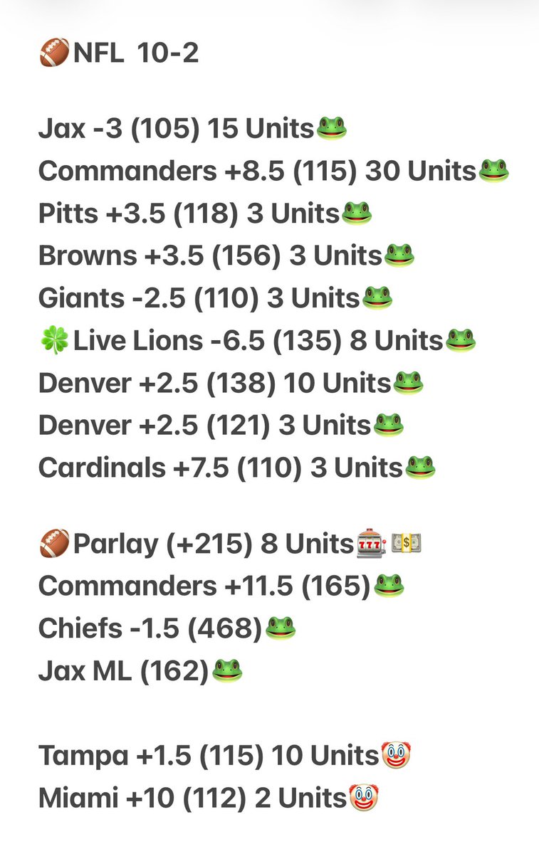 Great Day in NFL 🏈

10-2 Baby 💵🎰🤑 
 [📷](https://pbs.twimg.com/media/HTTBjMYbcAAiXcV.jpg) https://pbs.twimg.com/media/HTTBjMYbcAAiXcV.jpg https://pbs.twimg.