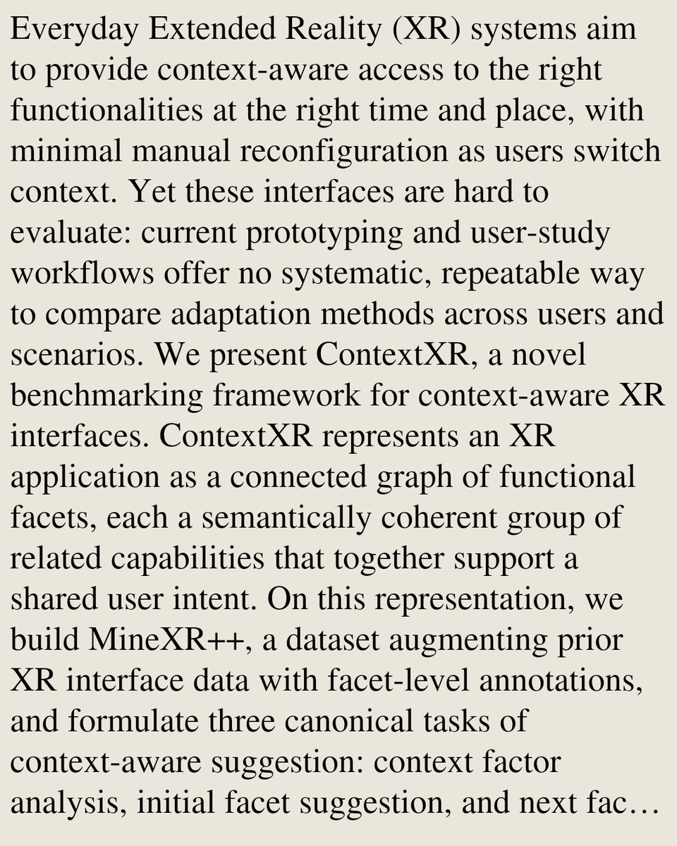 Smartphones's tweet photo. A Benchmarking Framework for Context-aware XR Interfaces

Hyunsung Cho, Sarah Yewon Yun, Nancy Ruonan Sun, Ben Lafreniere, Mark Parent, Kashyap Todi, Tanya R. Jonker, Hrvoje Benko, Sherry Tongshuang Wu, David Lindlbauer
https://t.co/TBJyiWbaKD [𝚌𝚜.𝙷𝙲 𝚌𝚜.𝙰𝙸] https://t.co/kEQJRnac8S