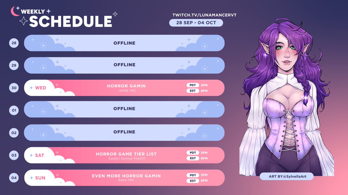 LunamancerVT's tweet photo. THIS WEEKS SCHEDULE 09/28 - 010/04  
⋆⁺₊⋆ ☾⋆⁺₊⋆   
WEDNESDAY - Oh you yet it's a horror game
SATURDAY - Doing a tier list of games I think I could survive!
SUNDAY - Even more horror gamin'
I haven't decided on the horror yet but best believe that's what's happening! https://t.co/xgeEmXiv37