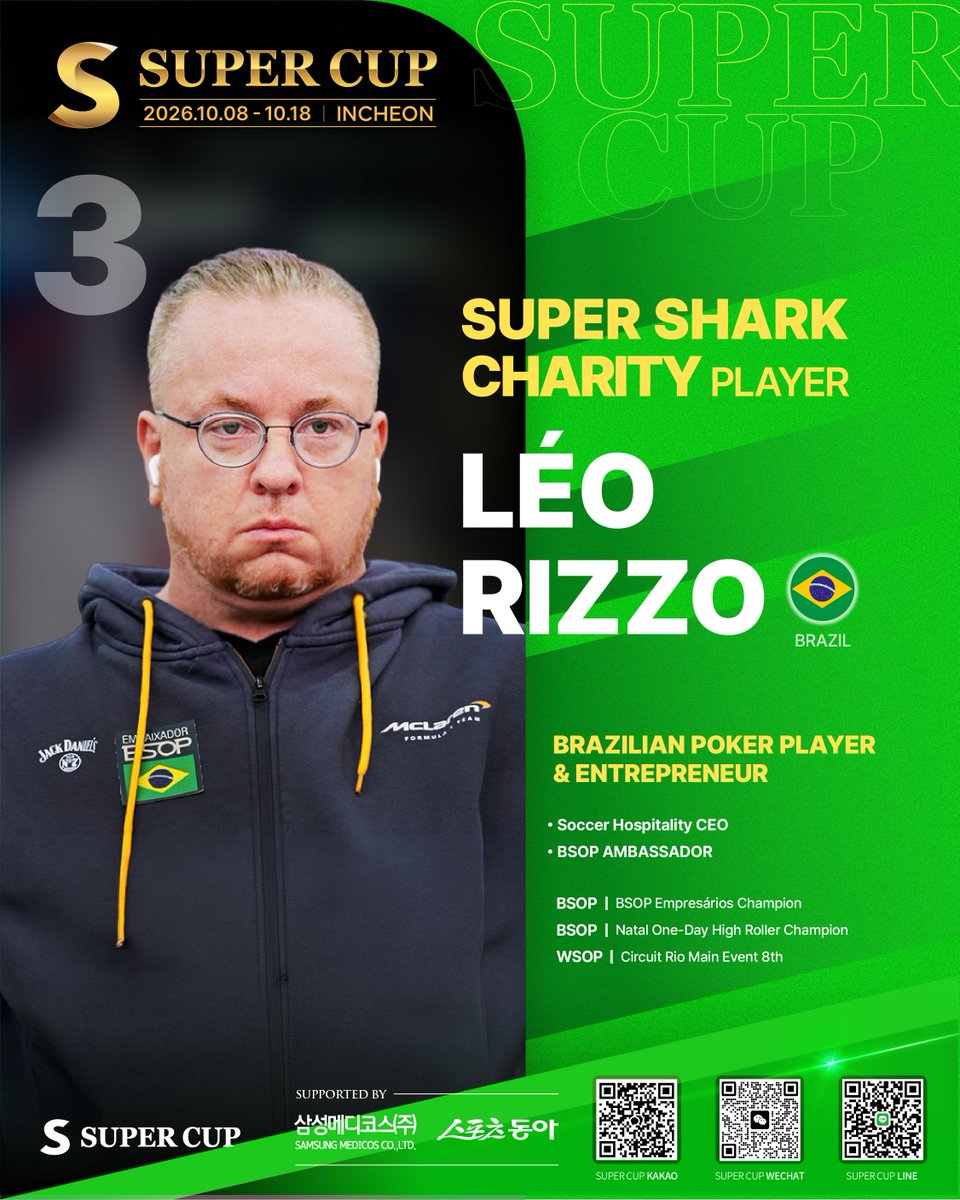 Supercup_world's tweet photo. 🔥 D-10 | SUPER CUP INCHEON

🎥 SUPER SHARK INTERVIEW | LÉO RIZZO 🇧🇷

BSOPアンバサダーとして活動し、ブラジルを代表するポーカープレイヤーとして世界各地のハイローラーイベントで活躍してきた LÉO RIZZO。

SUPER SHARK Charity Eventへの参加を前に、
初めて訪れるアジア、そして韓国への期待やポーカーへの情熱を語ってくれました🦈

開幕まであと10日！
LÉO RIZZOのインタビューをぜひご覧ください🎥

#SUPERCUP #SUPERCUPINCHEON #SUPERSHARK #LÉORIZZO #BSOP #Poker #ポーカー