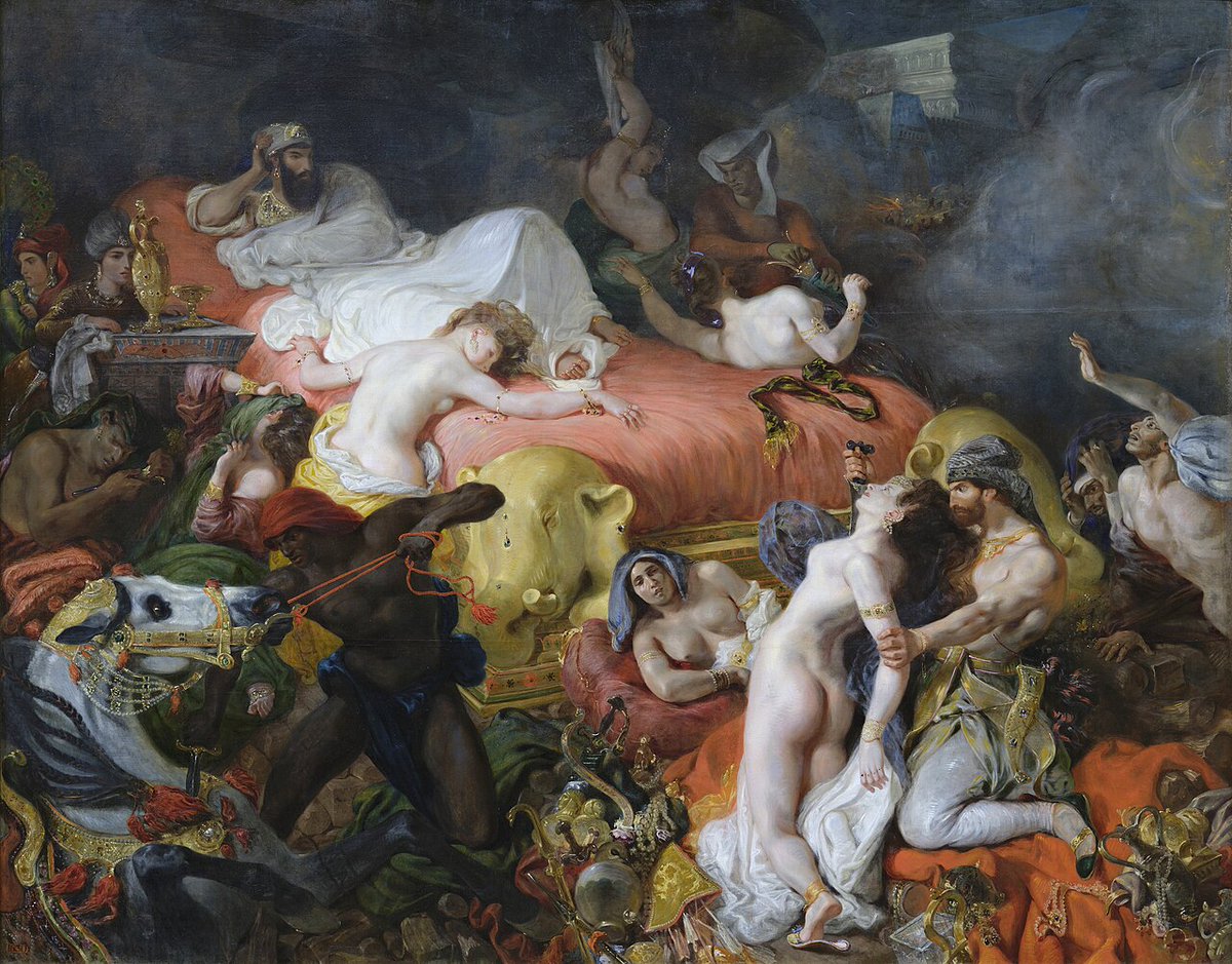 relicmuseum's tweet photo. In The Death of Sardanapalus (1827), the legendary Assyrian king watches as his servants carry out his final command: his concubines, horses, jewels, and possessions are destroyed before the enemy can claim them.

Everything he possesses is being consumed- and he simply watches. https://t.co/TuRTvSg1rL
