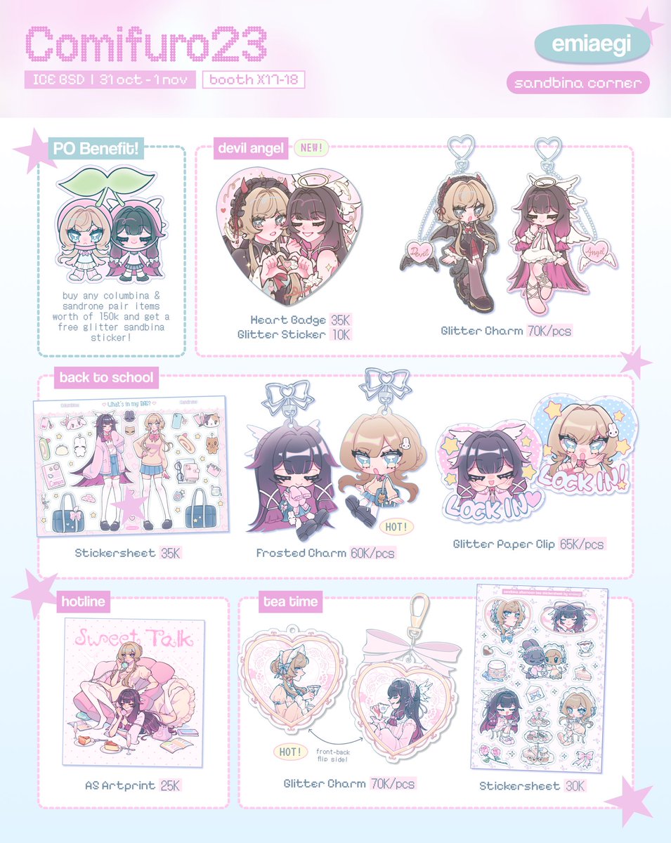 emiaegi's tweet photo. [💗&amp;🔁 appreciated!]

emiaegi’s #comifuro23 ots catalogue!

🌷 booth X17-18
🎀 both days
💌 mail preorder only!
🗓️ 28 sep - 20 oct 2026
📦 GO OK! dm first

🧁 originals, sandbina, mcyt (msmp, dad), mistria, genshin, hsr, mha, zzz, ranma, haikyuu

GA &amp; form ⬇️
#cf23 #cf23catalogue https://t.co/t7YWOLm5jR