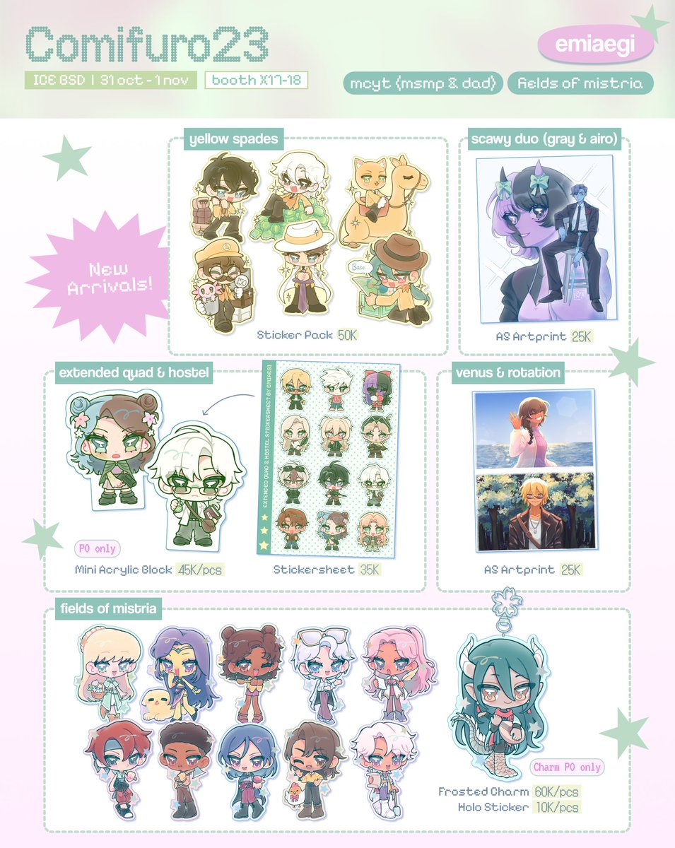 emiaegi's tweet photo. [💗&amp;🔁 appreciated!]

emiaegi’s #comifuro23 ots catalogue!

🌷 booth X17-18
🎀 both days
💌 mail preorder only!
🗓️ 28 sep - 20 oct 2026
📦 GO OK! dm first

🧁 originals, sandbina, mcyt (msmp, dad), mistria, genshin, hsr, mha, zzz, ranma, haikyuu

GA &amp; form ⬇️
#cf23 #cf23catalogue https://t.co/t7YWOLm5jR