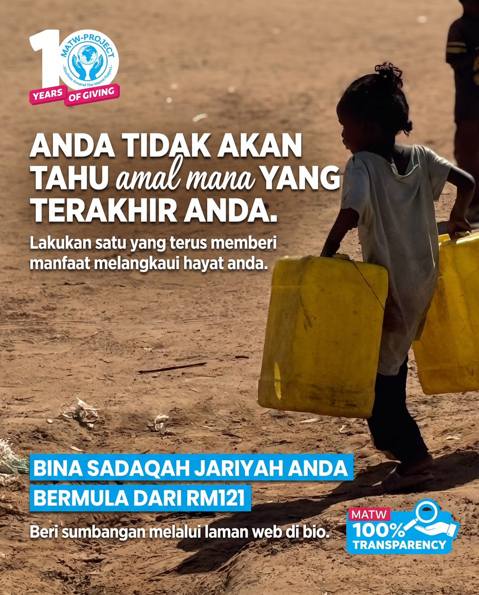 Matw_Malaysia's tweet photo. Donate via- LINK π IN BIO
What if one gift could benefit others for years to come?
Your contribution can bring lasting benefit and reward, by Allahβs will.
Build a Sadaqah Jariyah that keeps giving
https://t.co/dsA1X5OwSJ
#SadaqahJariyah #CleanWater #MATWProject https://t.co/UV31DjqSSj