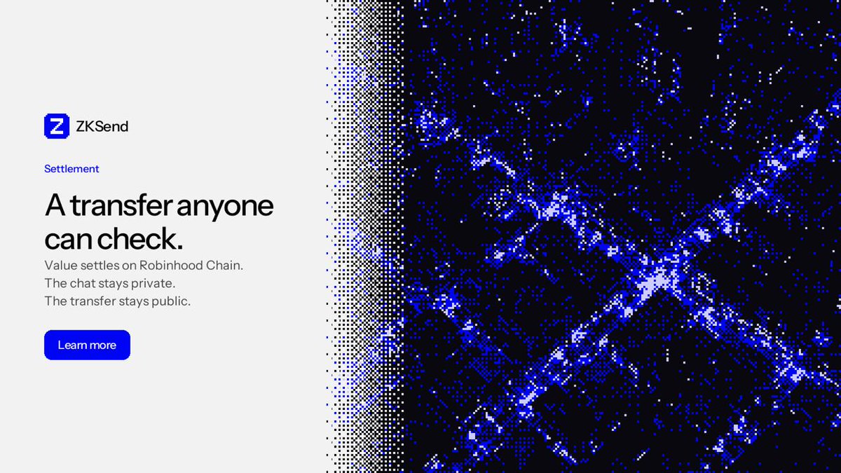 UseZKsend's tweet photo. A transfer anyone can check. Robinhood is the settlement chain. When the work becomes value, it settles there, on chain ID 4663.

The chat stays private. The transfer stays public. Anyone can verify the movement of value on Robinhood without reading the thread that led there.

An agent can prepare the payment. It waits in the same window until you sign. Only then does it leave the wallet for Robinhood.

Private messages. Public settlement. Learn more.