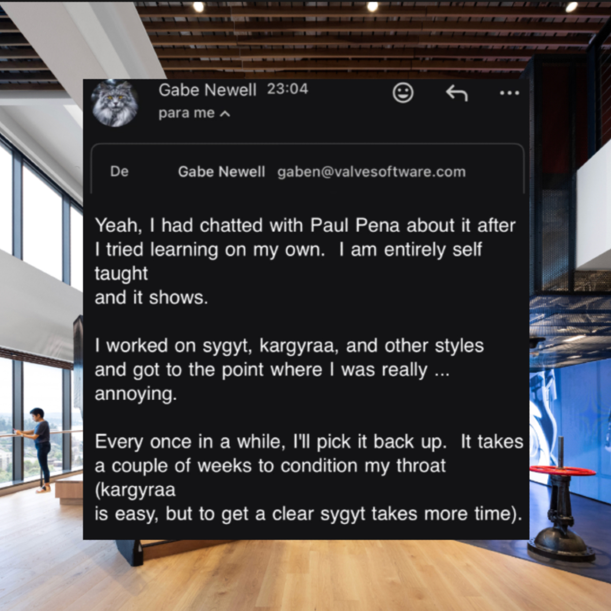 Dexerto's tweet photo. Gabe Newell replied to a fan’s email asking if he really spent months throat-singing around Valve’s offices

He confirmed it was true and admitted he got "really… annoying" https://t.co/NJaEXZCgbR