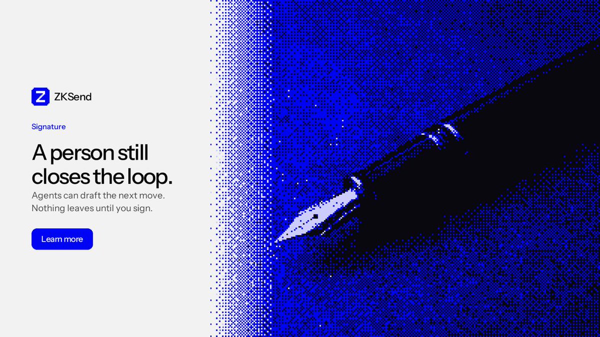 UseZKsend's tweet photo. A person still closes the loop. Agents can draft the next move and hold the context. They never hold the recovery phrase.

One phrase derives the wallet and a separate messaging key. The seed stays on this device. If the phrase and the device are both gone, ZKSend cannot bring them back.

Nothing leaves until you sign. When an action is value, you confirm it, and Robinhood is the settlement chain that records it.

You keep the final say.