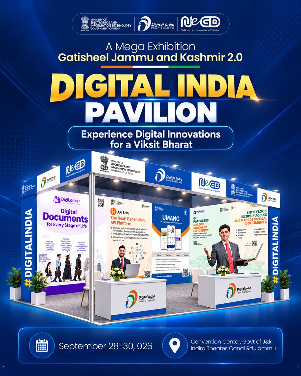 GoI_MeitY's tweet photo. Happening now in Jammu! 🇮🇳✨
Step into the Digital India Pavilion at Gatisheel Jammu and Kashmir 2.0 and experience citizen-centric digital innovations shaping a more connected and empowered India.

#DigitalIndia #GatisheelJammuKashmir https://t.co/edFinObn9F