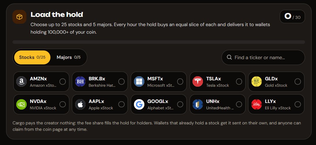 orcapodfun's tweet photo. The solana:F4K2SbLNgyz9gzNqT8bPeLpRkxy4oMA9twaffUDdZtB6  build is unique. 

Any token can launch with a CARGO module, which lets you pair that token with any asset stocks, RWAs, or crypto. You can add up to 25 stocks to CARGO at any time. 

CARGO token holders receive stock rewards, while solana:F4K2SbLNgyz9gzNqT8bPeLpRkxy4oMA9twaffUDdZtB6 holders also benefit. 

As more CARGO-module tokens launch, the solana:F4K2SbLNgyz9gzNqT8bPeLpRkxy4oMA9twaffUDdZtB6 flywheel compounds without a ceiling. 
That is the future.