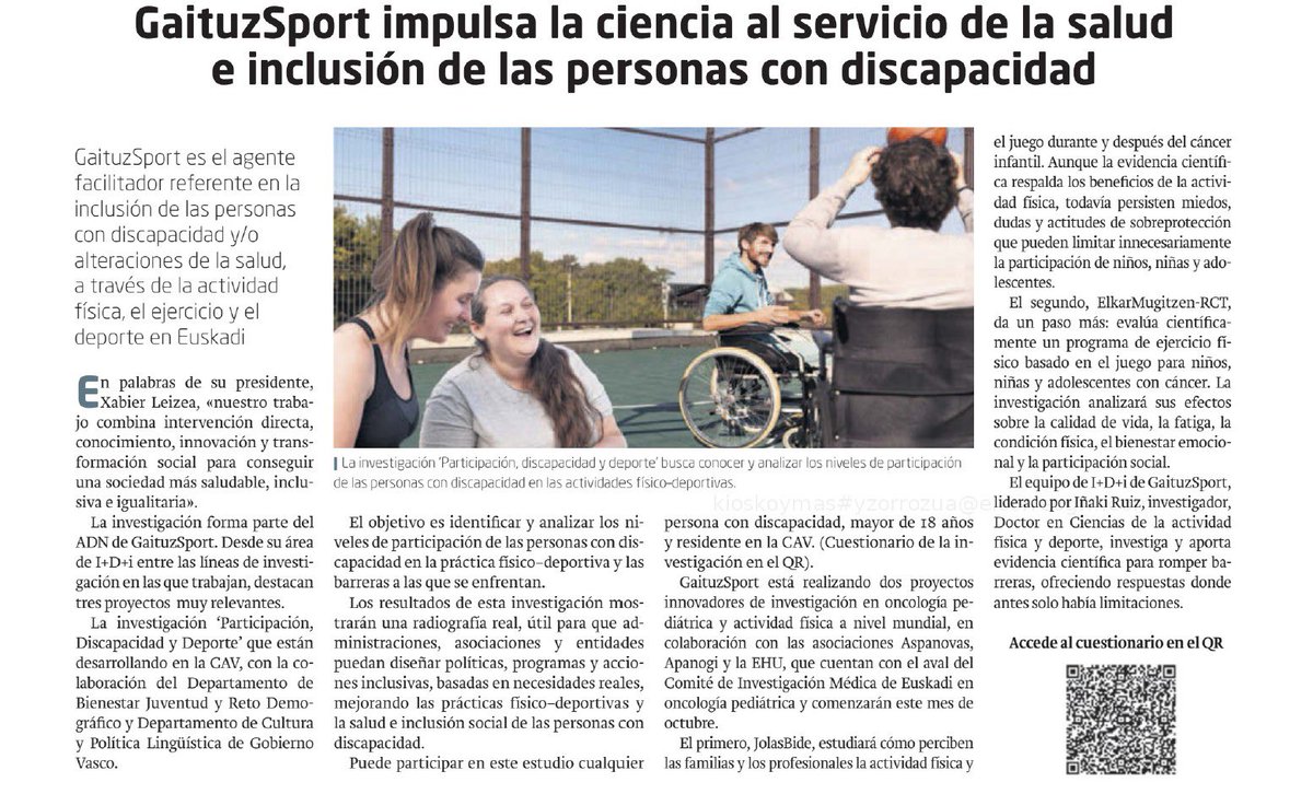 GaituzSport's tweet photo. ✅ Hoy en @elcorreo_com ‘GaituzSport impulsando la ciencia al servicio de la #salud e #inclusión de las personas con #discapacidad’ 
👉Investigación Deporte y Discapacidad 
👉 2 proyectos pioneros en investigación oncología pediátrica y #actividadfísica 
👏 Gran trabajo  I+D+i https://t.co/Aum2iILsh1