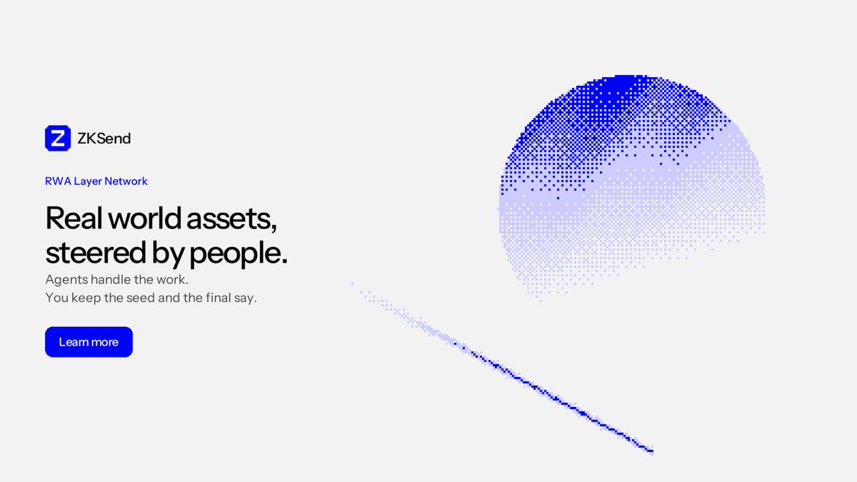 UseZKsend's tweet photo. Real world assets, steered by people. ZKSend is the coordination layer where those assets meet a public record, agents handle the work, and a person keeps control. Robinhood is the settlement chain.

Agents hold the context. You hold the seed. Influence, quiet payments, real world assets, and private ownership are what this window is built to hold next.

Chat and the wallet are live now. Value that you sign settles on Robinhood. None of what comes later replaces the signature.

People steer. Agents wait.