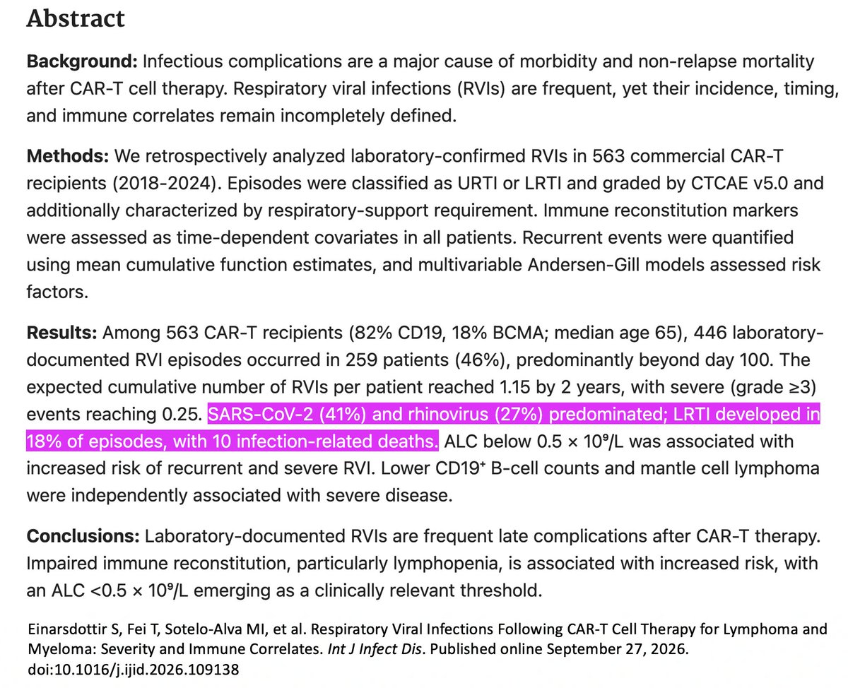 LongDesertTrain's tweet photo. Scanning literature today, ran across this study looking at respiratory infections in CAR-T cell therapy cancer patients. Despite the study period spanning 2 pre-Covid years, "SARS-CoV-2 predominated" in these patients, causing 10 deaths. 

Recent NHS policy (👇) dumbfounding. https://t.co/sA4EVi3Pep