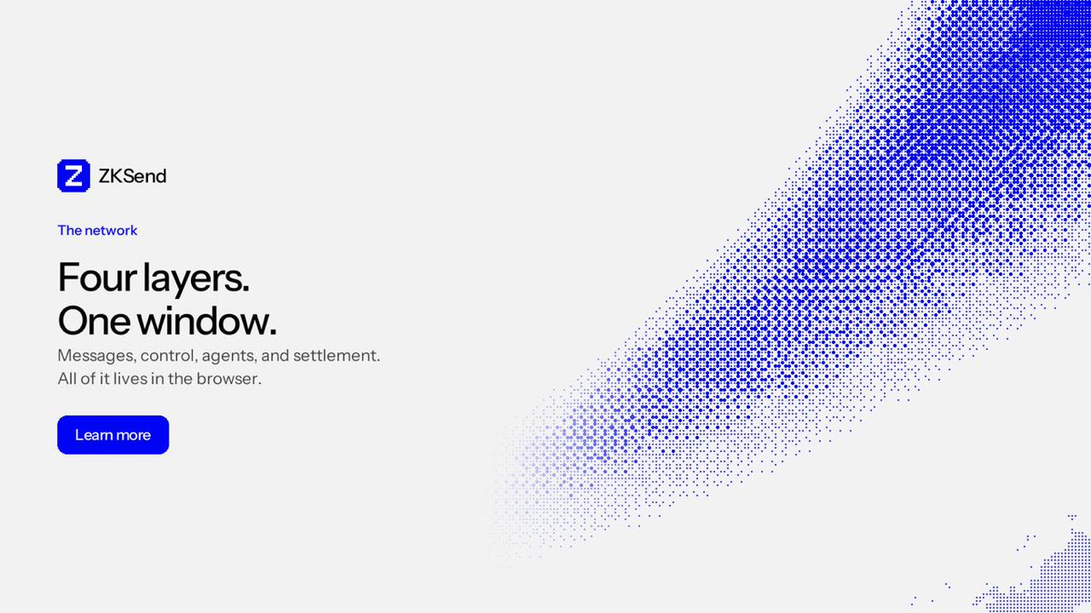 UseZKsend's tweet photo. Four layers. One window. Messages, control, agents, and settlement live together in the browser. There is no desktop install.

Messages stay encrypted. Control stays with the seed on your device. Agents wait until you approve. Robinhood is the settlement chain, and anyone can check the transfer there.

Open Safari, Chrome, or Arc. Create a wallet or restore the phrase you already keep. Add someone with a Send Code. Send, then settle on Robinhood.

Three moves, and the network is yours.