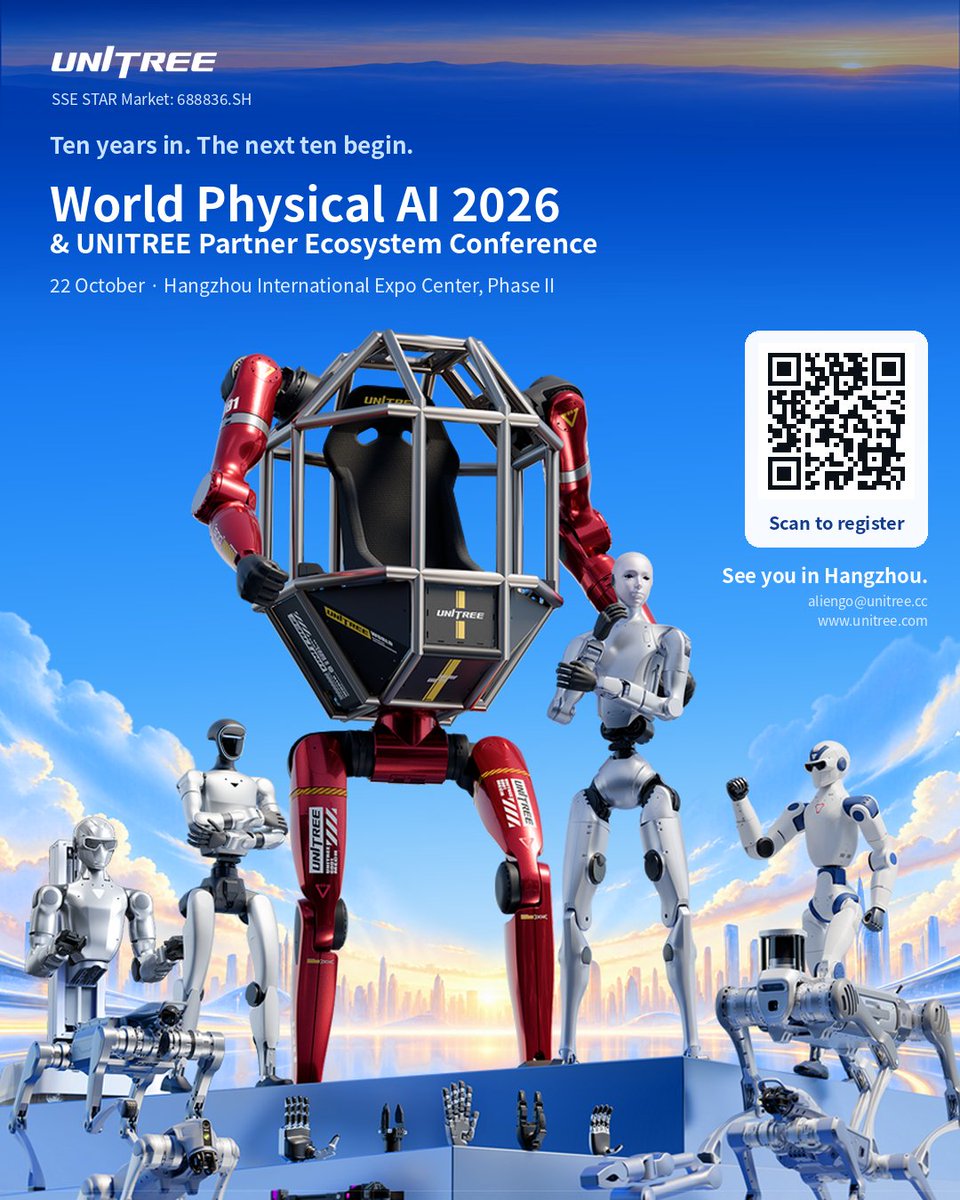 IrvingRobotics's tweet photo. UNITREE turns 10 🎉

Join us at World Physical AI 2026 &amp; UNITREE Partner Ecosystem Conference, 22 Oct in Hangzhou.

Ten years in. The next ten begin.

Scan to register 👇
#UNITREE #PhysicalAI #EmbodiedAI
@UnitreeRobotics https://t.co/lYthHKTiu8