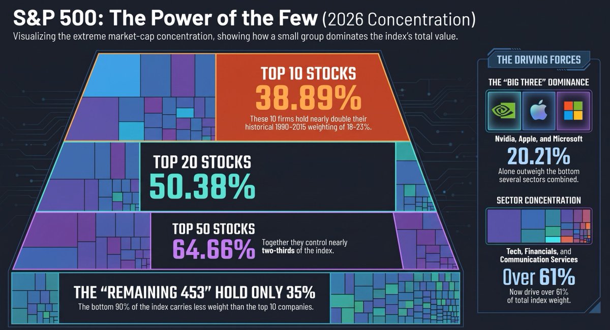 TheQuantTrends's tweet photo. The S&P 500 concentration has reached historic extremes. The structural reality today:

Big 3 ($NVDA, $AAPL, $MSFT): 20.2%
Top 10 Stocks: 38.9% (Double the historical average)
The Remaining stocks: Just 35%

It is no longer a broad market proxy. 
$SPY $SPX