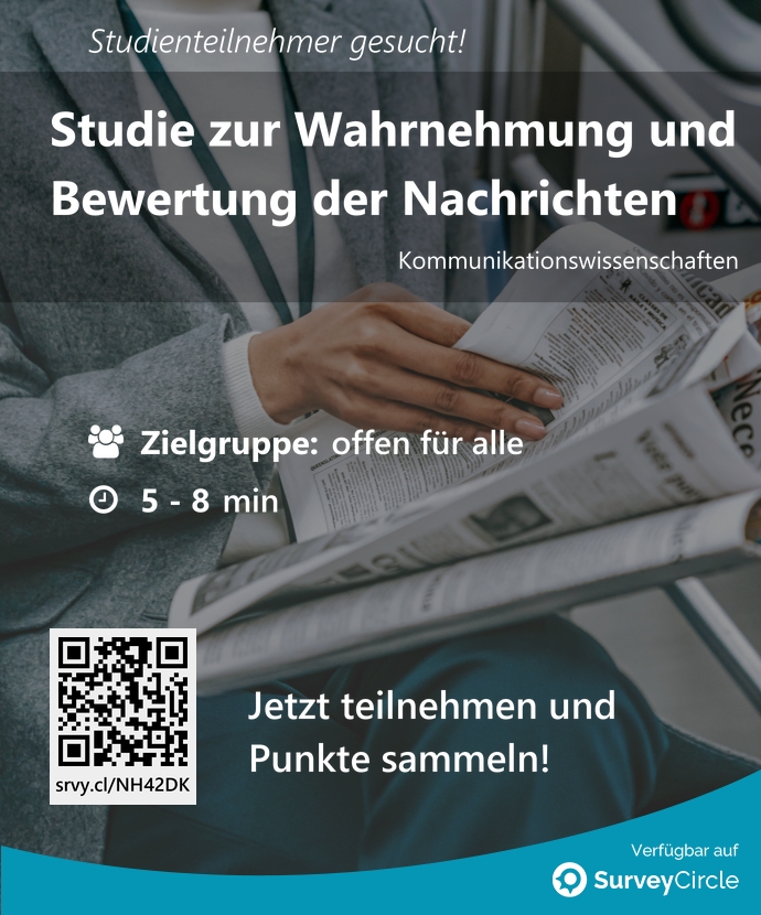 SurveyCircle's tweet photo. Teilnehmer gesucht für top-platzierte Online-Studie:

"Studie zur Wahrnehmung und Bewertung der Nachrichten" via @SurveyCircle #unihh

#journalismus #AutomatisierteNachrichten #nachrichtenwahrnehmung https://t.co/AoeHQrk7KM