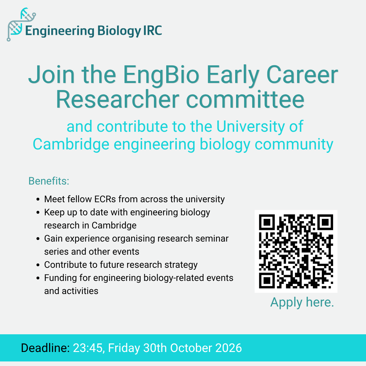 EngBioIRC's tweet photo. Time is running out to apply to join the #EngBio Early Career Research Committee! ⌛ This is your chance to contribute to the University of Cambridge engineering biology community.
Find out more and apply: https://t.co/j5FHCrbPya https://t.co/E5JH37rnbV