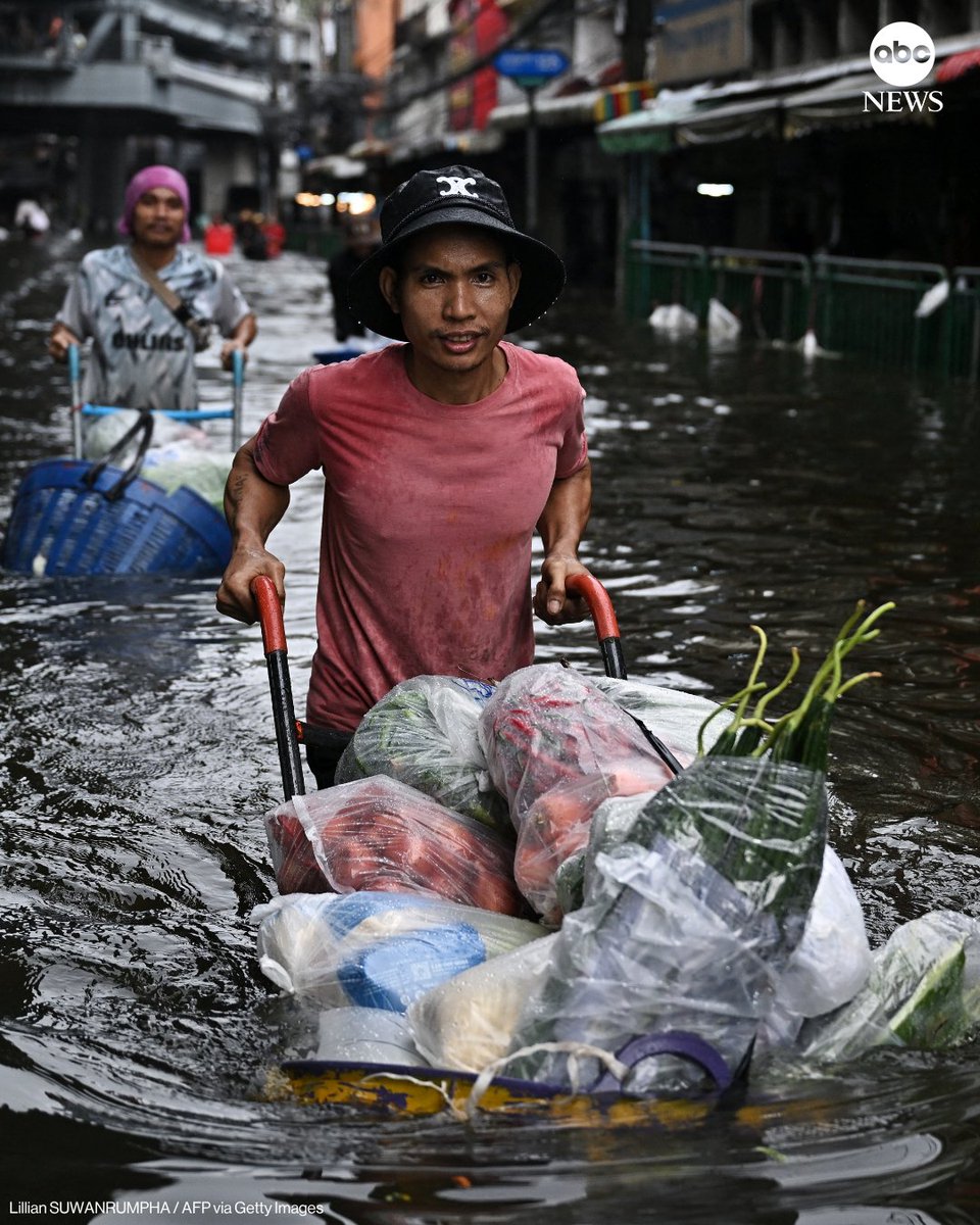 ABC's tweet photo. Days of continuous downpours have caused widespread flooding and severe disruptions in Bangkok, Thailand, with thousands forced to move into temporary shelters. At least eight people were reported killed in the past 10 days nationwide.

Read more: https://t.co/ef8sSGczhB https://t.co/WJbtNPcsJo
