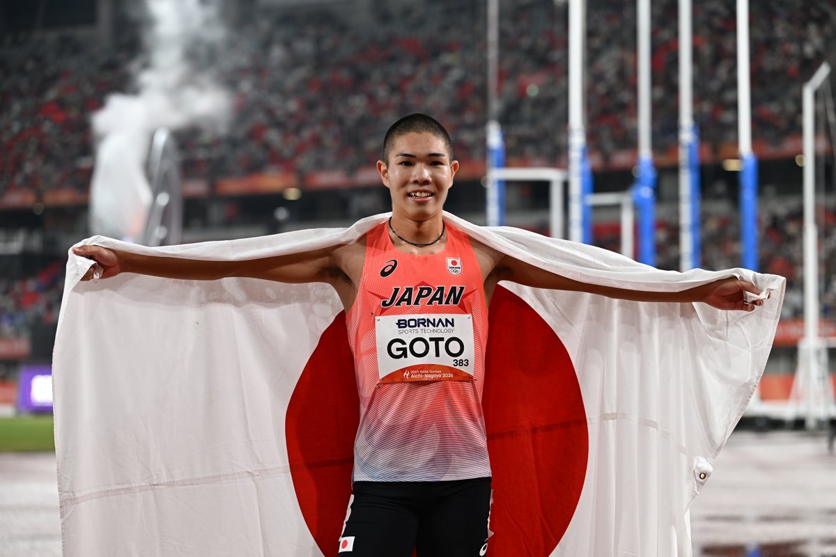 Getsuriku's tweet photo. #名古屋アジア大会
男子400mH
17歳の後藤大樹（洛南高2京都）が銀メダル🥈
タイムは47秒93！！！
日本歴代2位タイ！！！
そして北京世界選手権の標準記録突破！！！

黒川和樹（住友電工）は49秒41の6位

B.ヘメイダ🇶🇦が47秒82で金🥇 https://t.co/NiSKd6UrKv