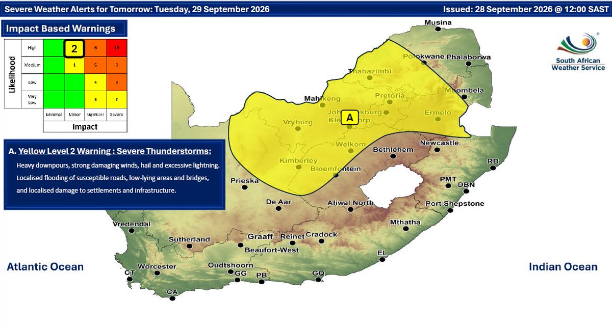 SAWeatherServic's tweet photo. Weather forecast for today &amp; tomorrow: 28-29 September 2026.
Partly cloudy &amp; warm to cool conditions are expected, with isolated to scattered showers &amp; thunderstorms possible over the central &amp; eastern parts of the RSA. 
#saws #weatheroutlook #southafricanweather https://t.co/4S3KwOnge0