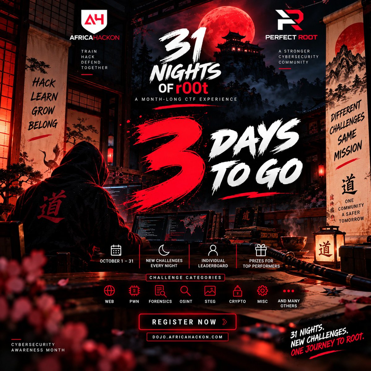 perfectrootdojo's tweet photo. 🥷 3 DAYS TO GO.

31 Nights of r00t begins October 1st. New challenges every night, Web, Pwn, Forensics, OSINT, Steg, Crypto &amp; more.

🏆 Individual leaderboard
🎁 Prizes for top performers

Registration is open. Get in before night one.
👉 https://t.co/6cKnloYFni

#31NightsofR00t https://t.co/uU8nIp54Vo