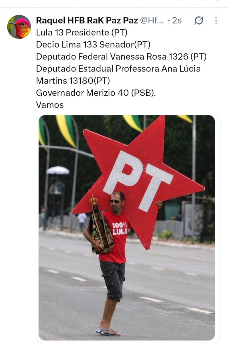 HfbRaquel's tweet photo. @luizcunhao Sim
Voto de Santa Catarina, Joinville.
Presidente: Lula 13
Senador: Decio Lima 133.
Deputado Federal: Vanessa Rosa 1326
Deputado Estadual: Professora Ana Lúcia Martins 13180
Governador: Merizio 40 https://t.co/HCGJcQYpli
