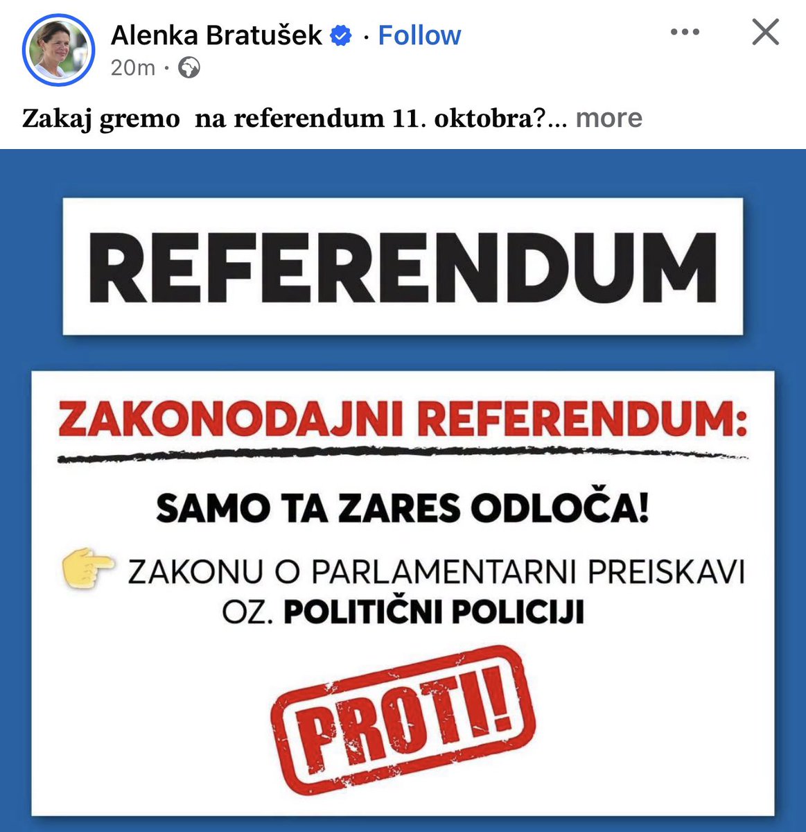 DemokratiSLO's tweet photo. Če pa Alenka Bratušek pravi, da je PROTI, potem je absolutno treba dati glas ZA. 😉 https://t.co/0X7ubeFImY