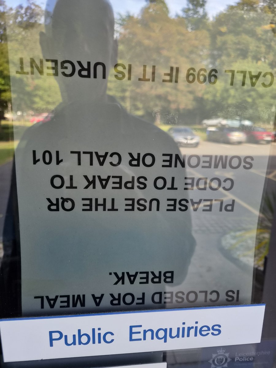 matttyme1's tweet photo. Not one day ever has the police station in market harborough even been open. Today's all day lunch break sign needs to be read upside down 
@leicspolice https://t.co/coqmRhQZ1D