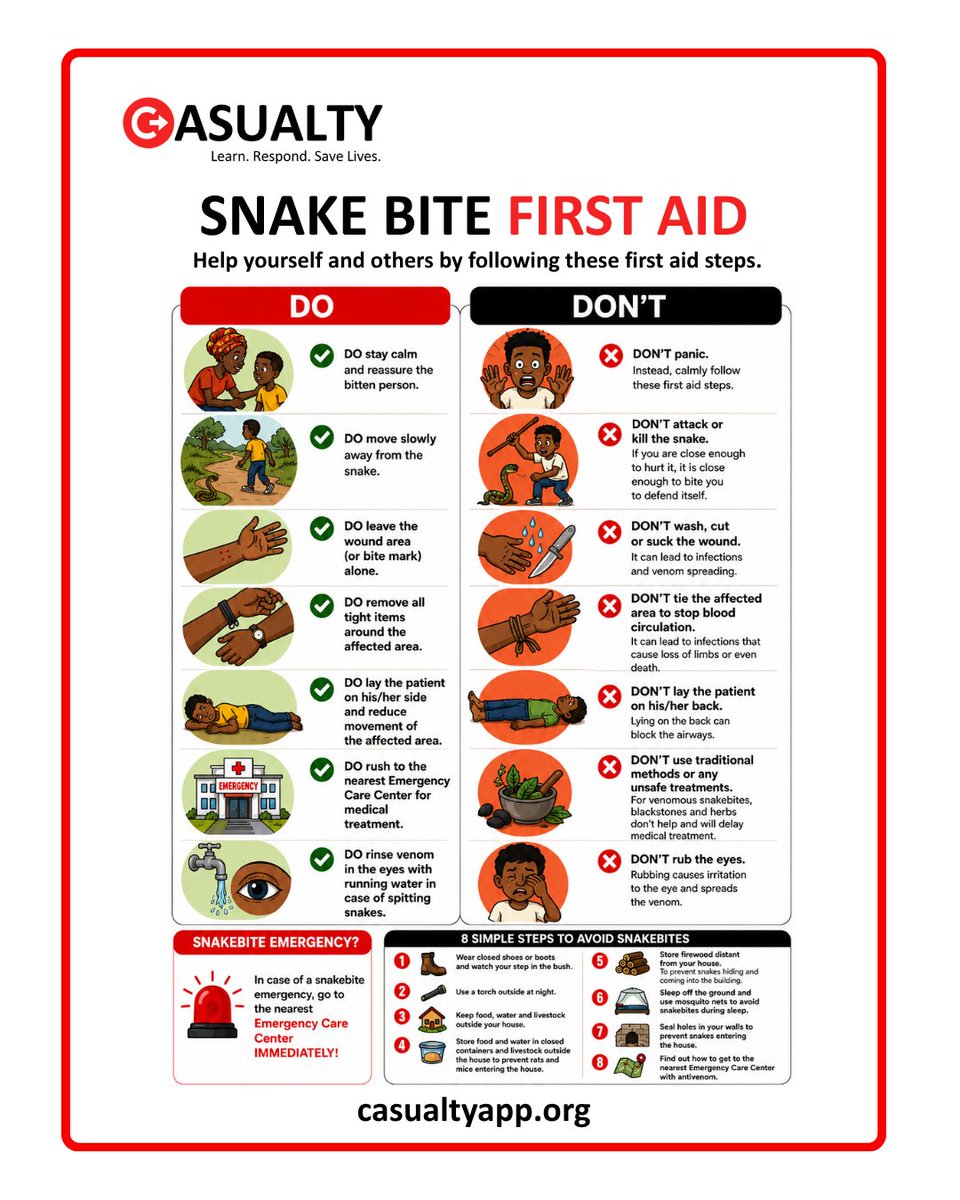CasualtyApp's tweet photo. 🐍 What’s the first thing you would do after a snakebite? If your answer is “suck out the venom,” read this first.

When someone is bitten by a snake, panic can make it tempting to suck out the venom, cut the wound, or reach for familiar traditional remedies. https://t.co/T98oLtWSPL