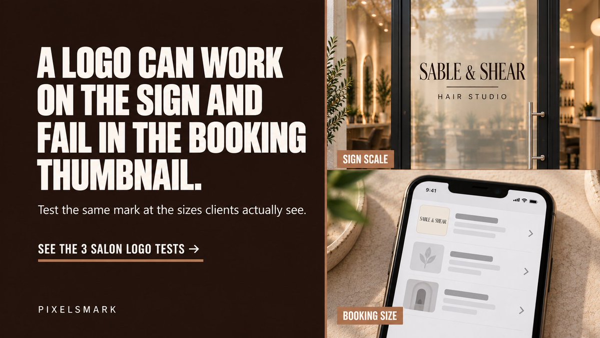 PixelsMark's tweet photo. A hair salon logo that looks sharp on a large sign can turn into an unreadable smudge inside a booking thumbnail. That gap is worth checking before the identity goes live.

Three practical size tests for salon logos: https://t.co/2f45KDFdQZ

#HairSalonBranding https://t.co/SPxh8B80nK