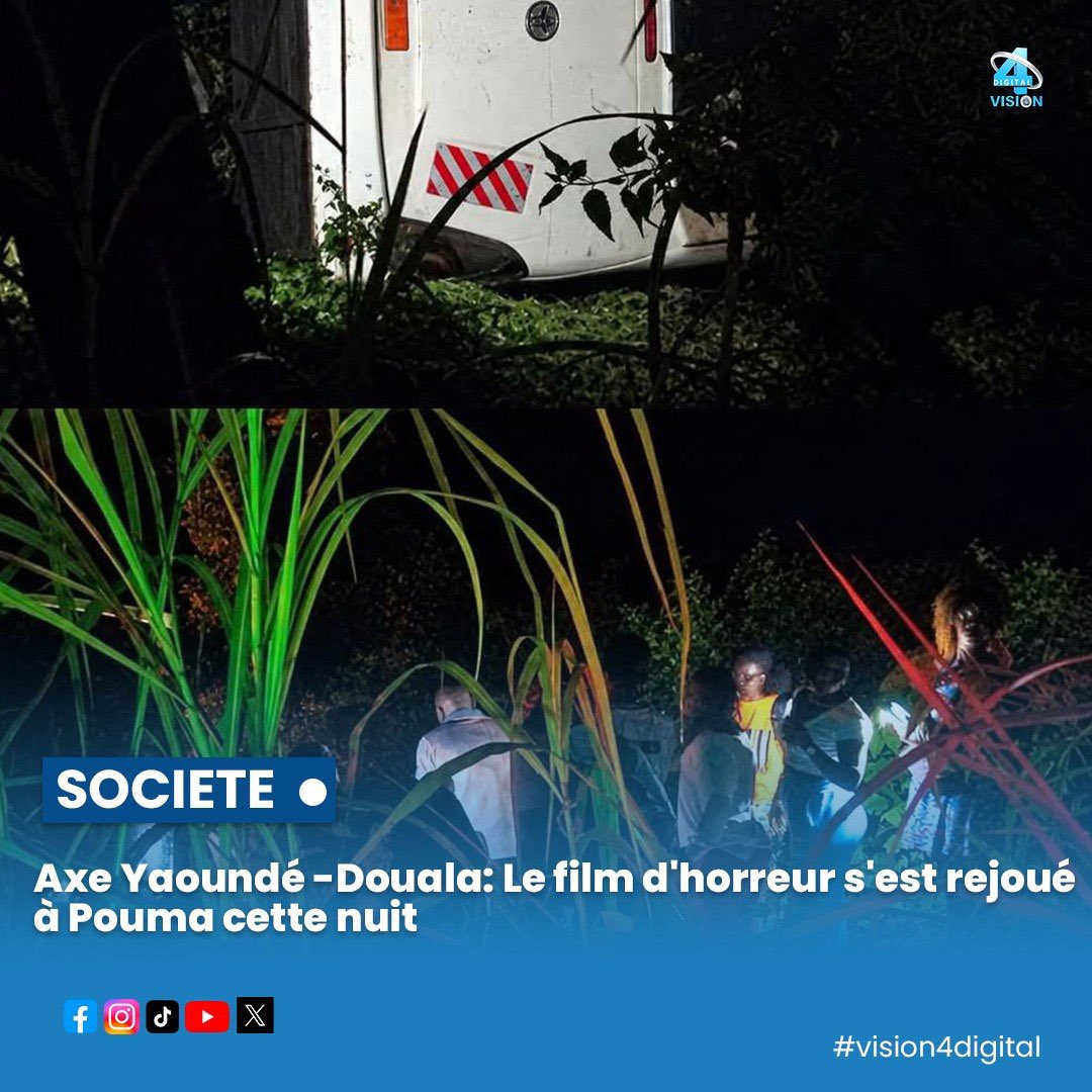 vision4_tv's tweet photo. 🔴🚨 Axe Yaoundé-Douala : grave accident à Pouma. Deux bus General Express ont été impliqués tôt ce lundi vers 3h. Le bilan provisoire fait état de plusieurs morts et nombreux blessés. Les circonstances exactes restent à établir. #Cameroun #Pouma https://t.co/vlcmI5Ed6t