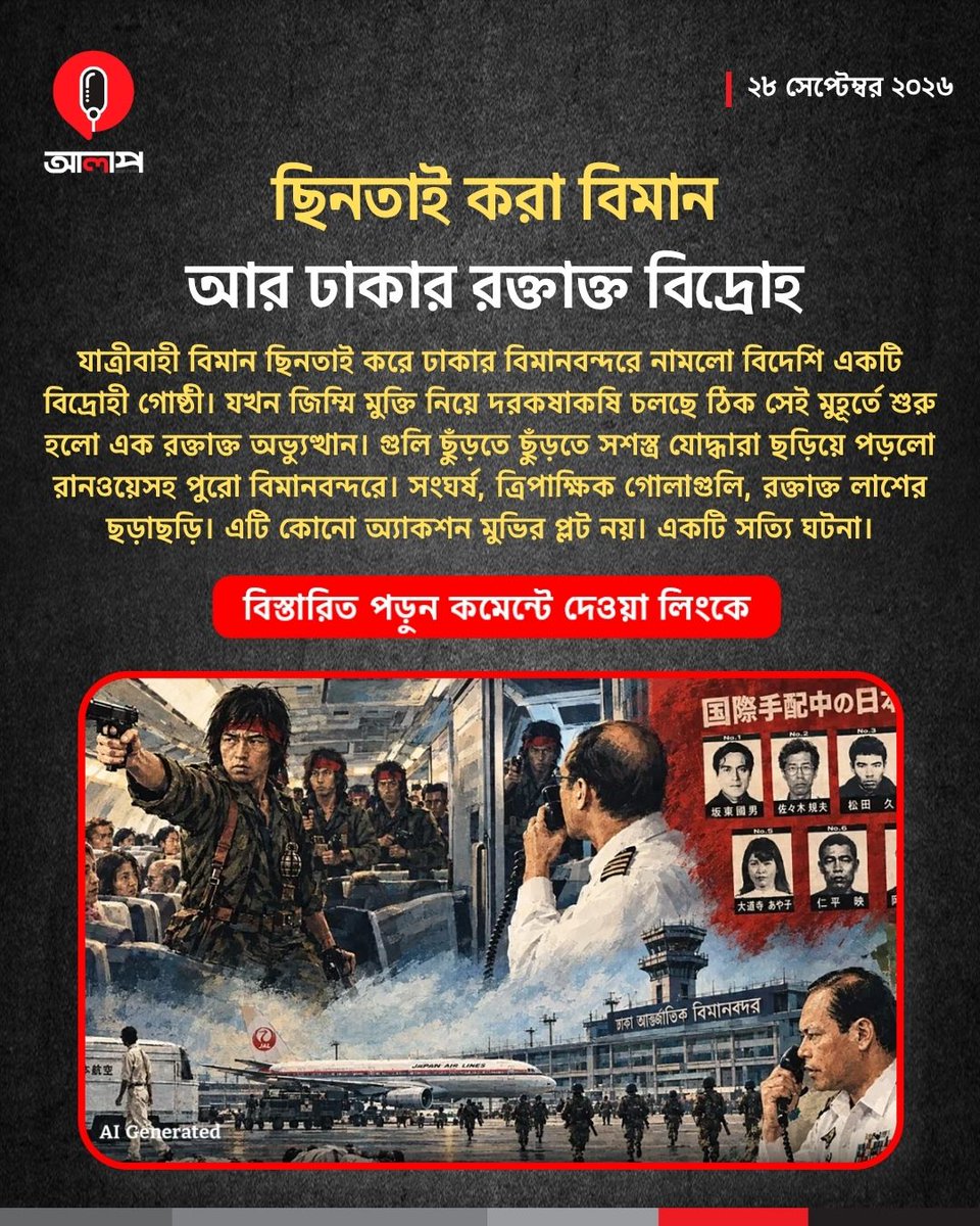 newsalap's tweet photo. আন্তর্জাতিক যাত্রীবাহী বিমান ছি’নতাই করে ঢাকায় অবতরণ করে জাপানিজ রেড আর্মি। তাদের হাতে জি’ম্মি বিভিন্��� দেশের দেড় শতাধিক নাগরিক। আটচল্লিশ বছর আগে ঢাকা আন্তর্জাতিক বিমানবন্দরে ঠিক কী ঘটেছিলো?
বিস্তারিত পড়ুন: https://t.co/5c9cOYk9Dx
#Alap #japaneseredarmy #BangladeshAirForce https://t.co/8kE8QUHDHf