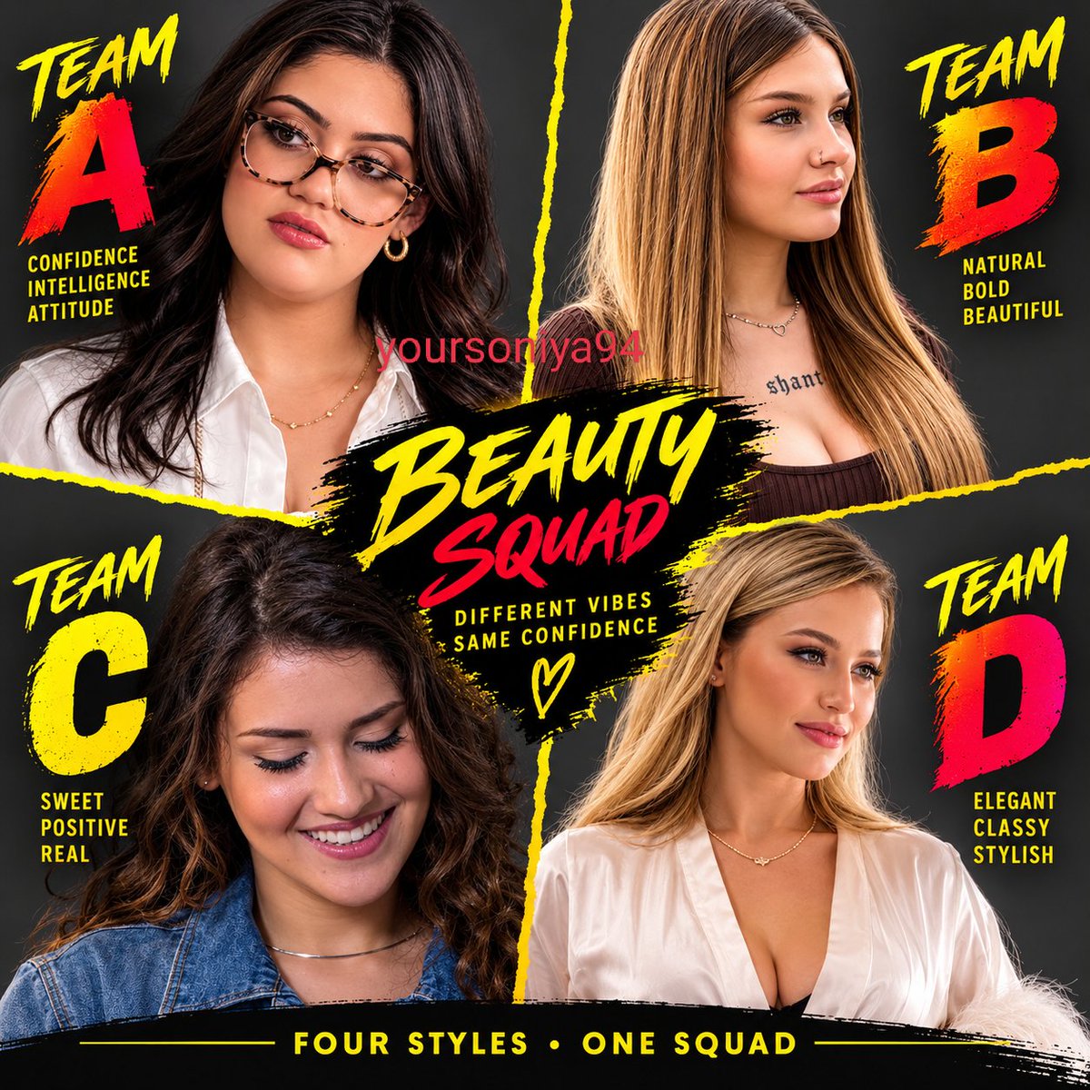 yoursoniya94's tweet photo. Four faces, four styles, endless beauty.

Which team caught your eyes first? A B C D https://t.co/ZQN70E4bCO