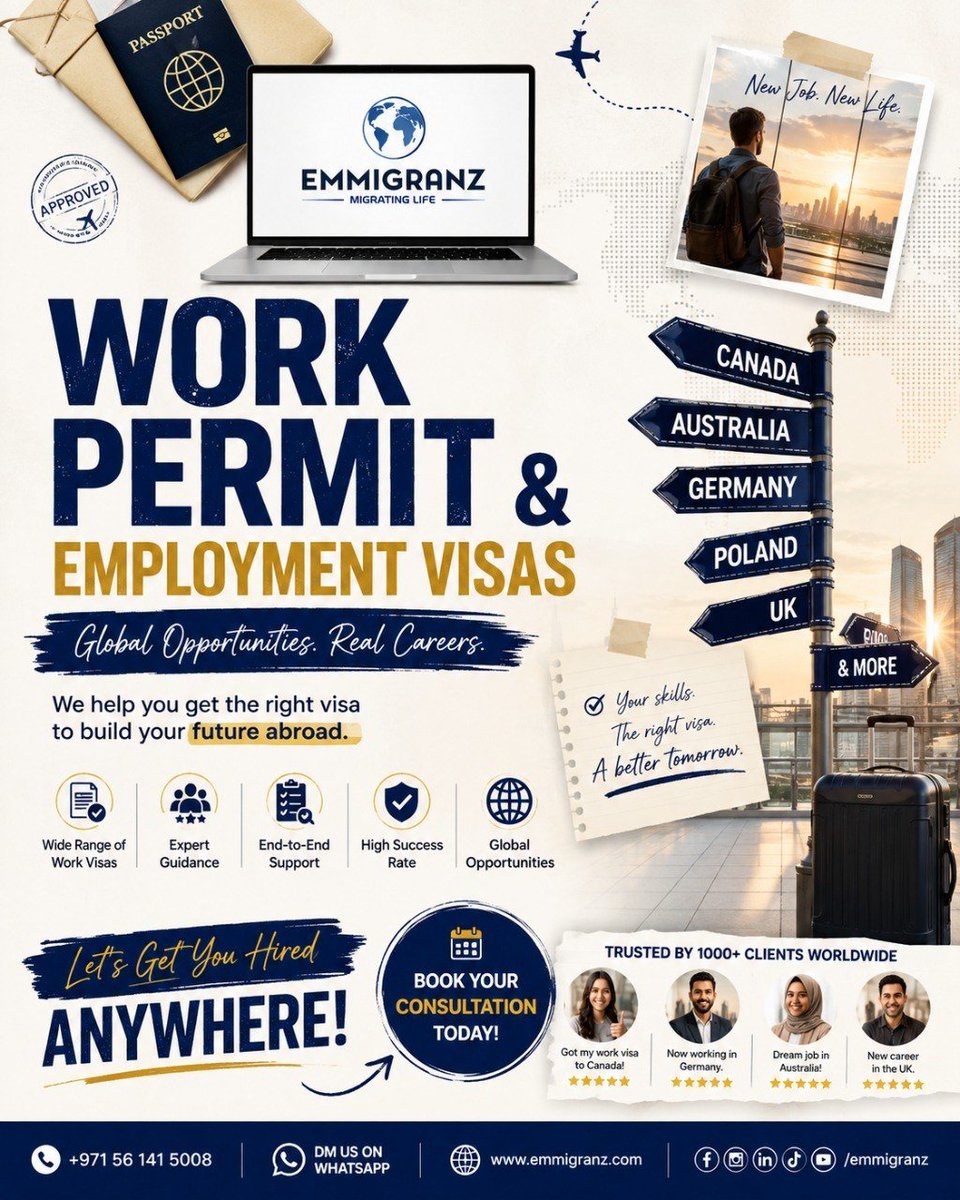 emmigranz's tweet photo. 🌍✈️ Your next career opportunity could be waiting beyond borders!

Ready to take your skills global? 💼🌎 Explore exciting work permit and employment visa opportunities in destinations like Canada 🇨🇦, Australia 🇦🇺, Germany 🇩🇪, Poland 🇵🇱, the UK 🇬🇧 and more. https://t.co/gbO6GxdB0u