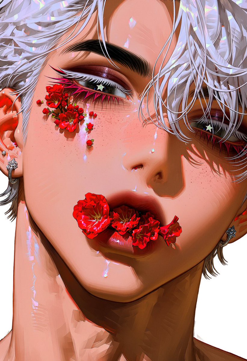 bla_bla_bunny's tweet photo. [花吐き病]

#jt_prompt 

1people, solo, extreme close-up, face focus, centered composition, dark background

open mouth, 1.8::red flowers growing from inside mouth,between lips::, flower petals visible inside mouth, one eye completely covered by red flower, flowers attached to cheek, small flowers scattered across cheek, 1.7::flower petals forming long lower eyelashes beneath the visible eye::, petal shaped under eye lashes, elongated red petal lashes, half-lidded gaze

dark smoky eye makeup, smudged black eyeshadow, deep burgundy eyeshadow, heavy under-eye makeup, dark red blush,

1.7::decadent gothic beauty::, melancholic,