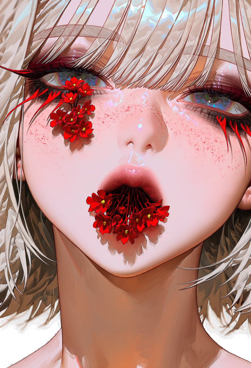 bla_bla_bunny's tweet photo. [花吐き病]

#jt_prompt 

1people, solo, extreme close-up, face focus, centered composition, dark background

open mouth, 1.8::red flowers growing from inside mouth,between lips::, flower petals visible inside mouth, one eye completely covered by red flower, flowers attached to cheek, small flowers scattered across cheek, 1.7::flower petals forming long lower eyelashes beneath the visible eye::, petal shaped under eye lashes, elongated red petal lashes, half-lidded gaze

dark smoky eye makeup, smudged black eyeshadow, deep burgundy eyeshadow, heavy under-eye makeup, dark red blush,

1.7::decadent gothic beauty::, melancholic,